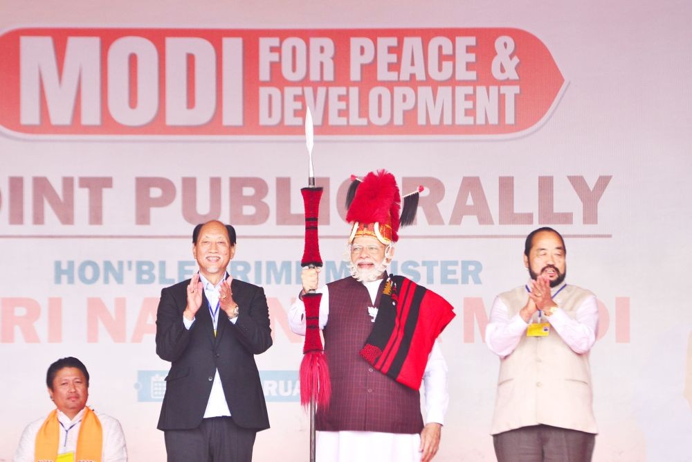 Prime Minister Narendra Modi flanked by Nagaland Chief Minister Neiphiu Rio and Deputy CM Y Patton on February 24 at Agri Expo.